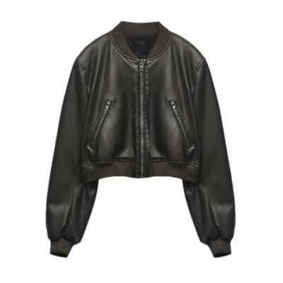Women Bomber Jacket Cropped New Leather Short Female Stand