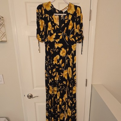Premier Amour 8 Black Yellow Floral Maxi Dress Short Puff Sleeve V-Neck