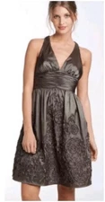 Adrianna Papell Boutique Brown Taffeta Rosette Halter Formal Dress Size 10 $188