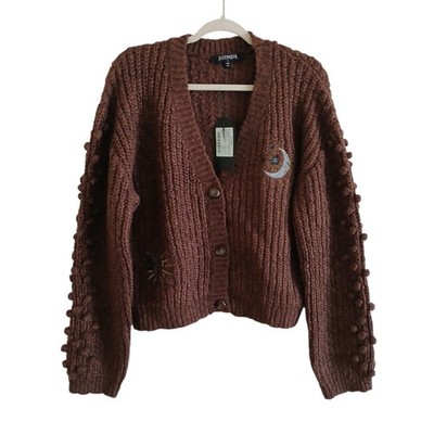 NEW DISTURBIA Isla Chunky Bobble Moon Embroidered Cardigan L Brown Slouchy
