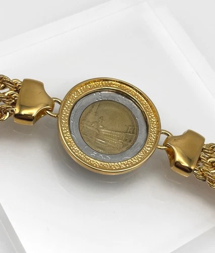 BELLEZZA Two-Tone Lira Coin 3-Row Rope-Link Chain Bracelet - Sm - NWT image 8