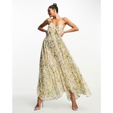 Mango Floral Print Premium Pleated Backless Maxi Dress Size S NWT