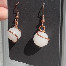Artisan Made Copper Wrapped Milky Quartz Crystal Stone Dangle Drop Earrings Boho