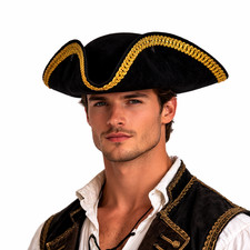 Pirate Hat Buccaneer Adult Tricorn Hat Costume - Black Tricorn With Gold Trim