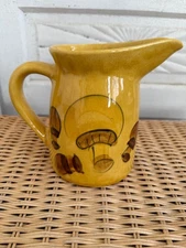 Vintage 60's Los Angeles Pottery Yellow Water Pitcher Mushrooms Retro Boho