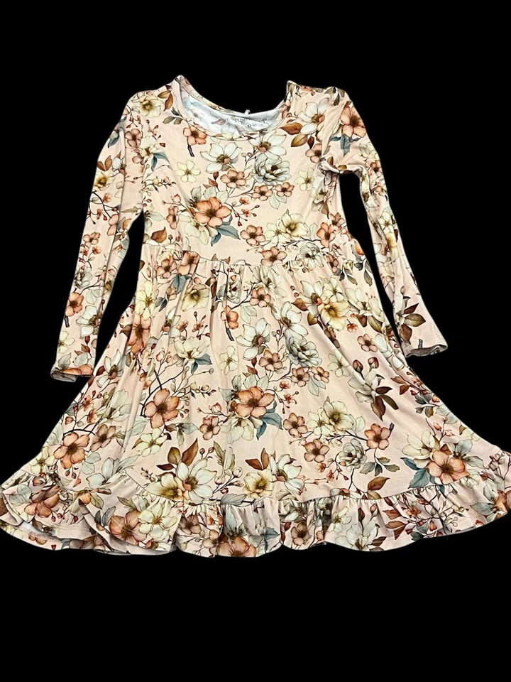 POSH PEANUT Ruffled Twirl Dress Bamboo Viscose Peach Floral Long Sleeve 5T-6T - Image 3 of 4