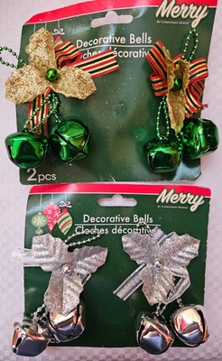 Lot Of 2 Packs Jingle Bells Christmas Tree Ornaments Green & Silver/ Decor