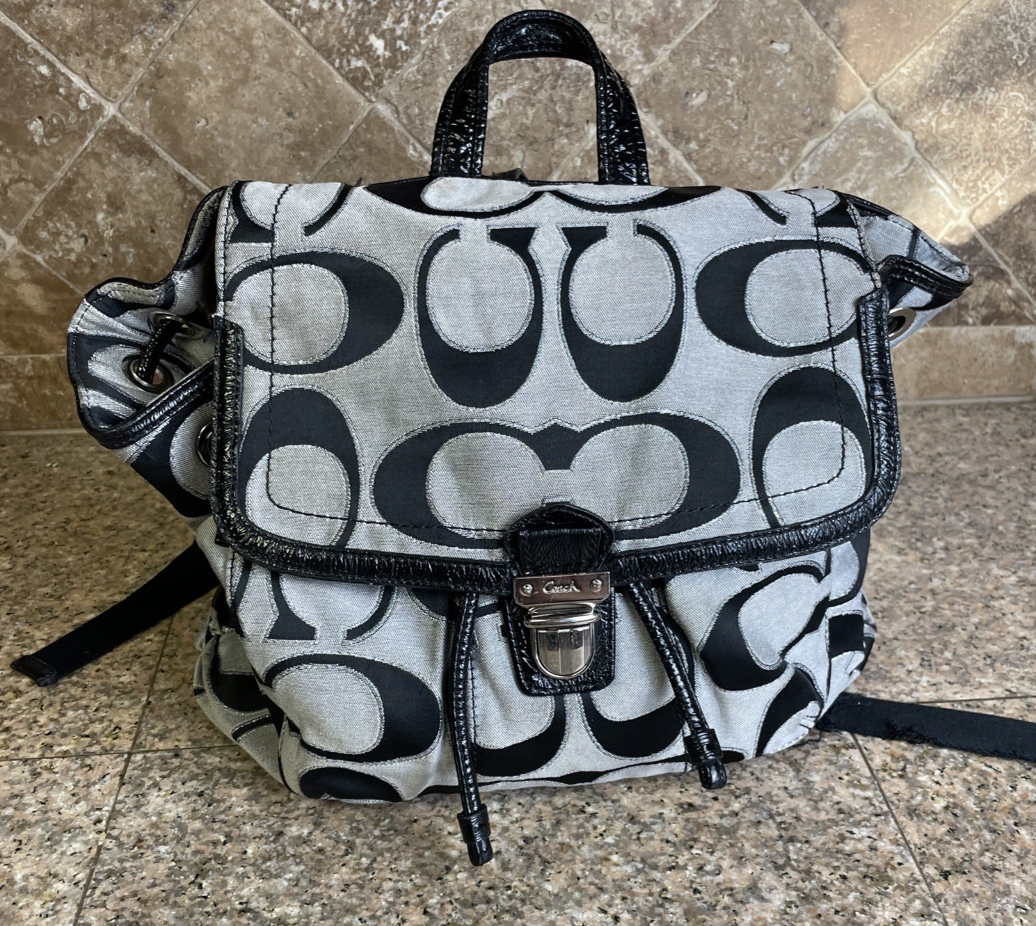 Coach Poppy Signature Lurex Flap Backpack Black Silver Moonlight Y2K VTG 17891