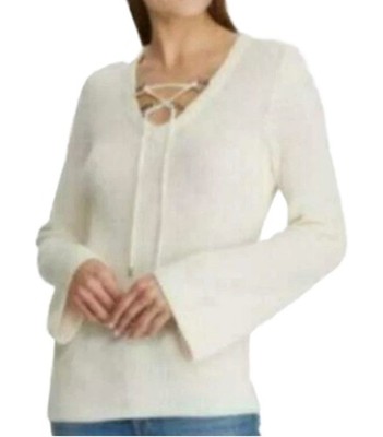 LAUREN RALPH LAUREN Women's Ivory Lace-up Sweater Hardware V-Neck Top XL