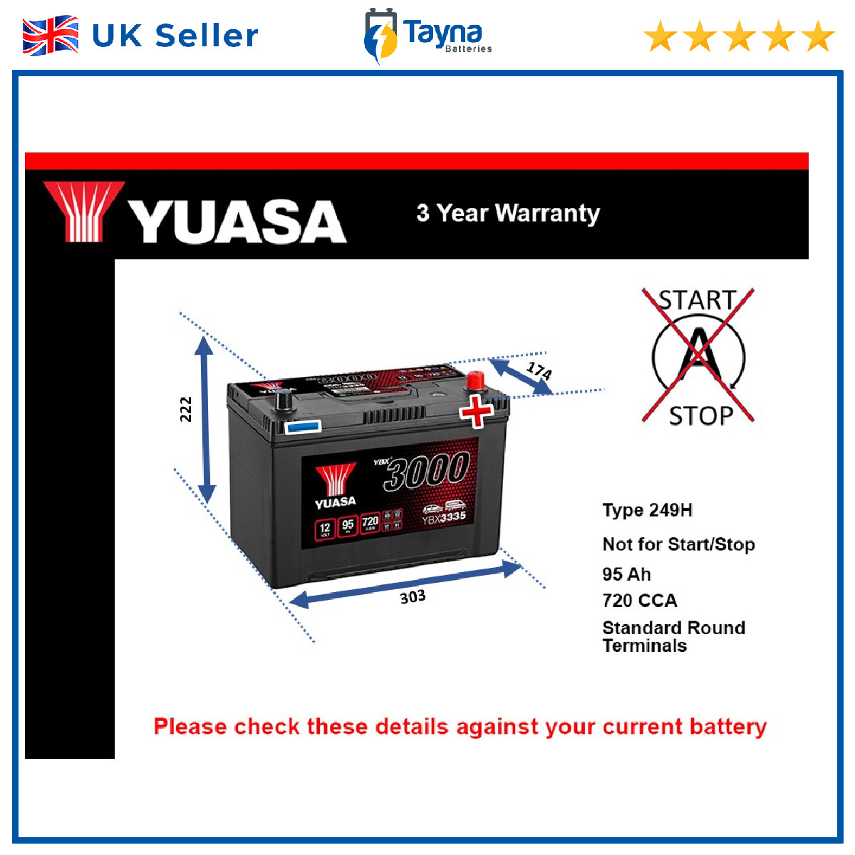 Car Battery YBX3335 Yuasa 249H 720A 95Ah 3Yr Warranty 303x174x222 SMF - Image 11