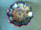 Vintage Northwood Carnival Glass Three Fruits Medallion Ruffled Edge Footed Bowl