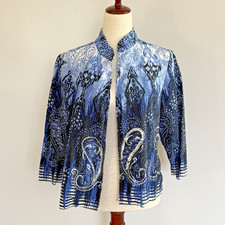 Chico's Jacket Women Size 1 Linen Cotton Paisley Print Sequin Open Front Art