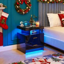 Gurexl Night Stand with RGB Lights, Bedside Table with Wireless Charging Station