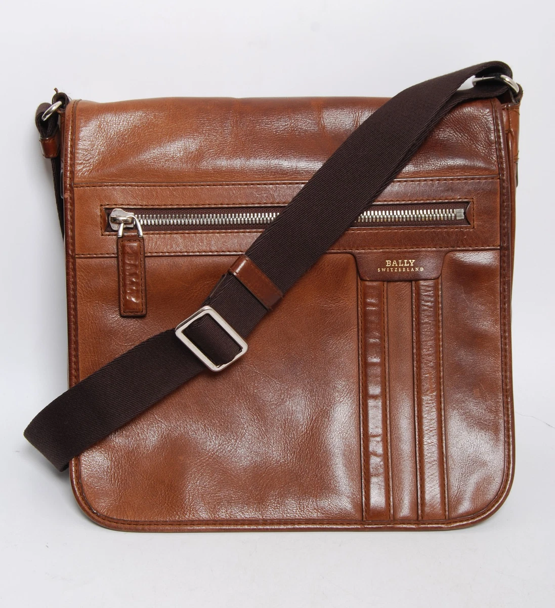 Bally Men Brown Messenger Bag Leather Solid Adjustable Crossbody
