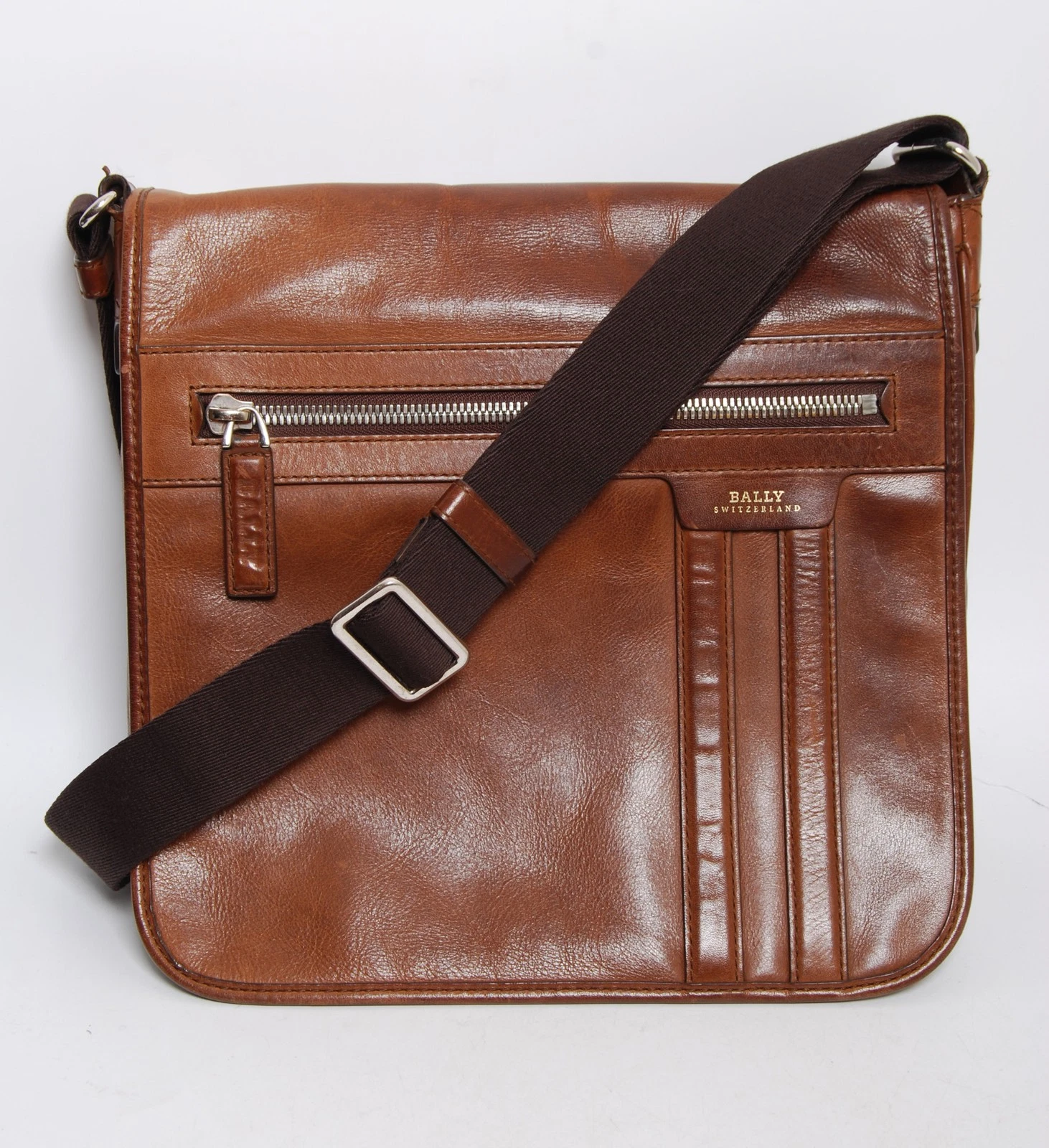 Bally Men Brown Messenger Bag Leather Solid Adjustable Crossbody
