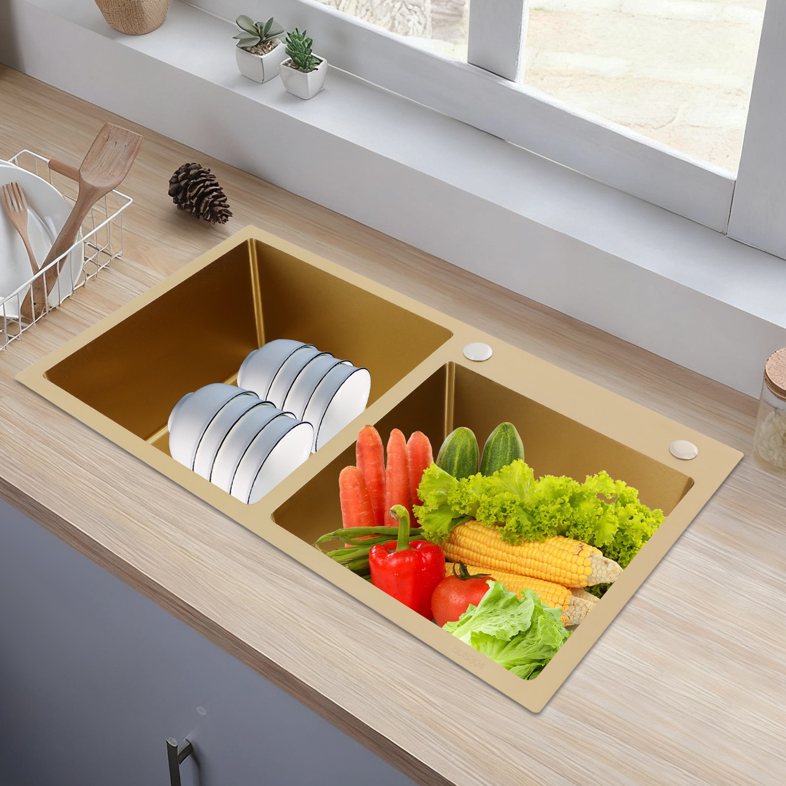 Undermount Workstation Kitchen Sink Double Bowl Stainless Steel Sink Gold