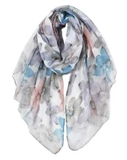 Elegant Lady Scarf with Flower Print Light Cotton Voile Head Wrap Pretty Shaw...