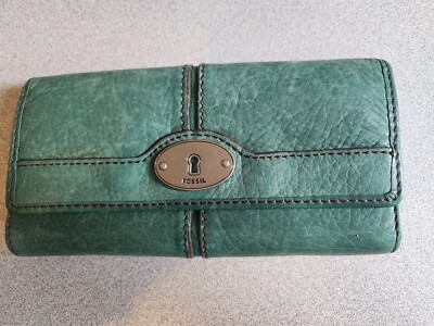 Vintage Fossil Green Leather Three Fold Wallet ID Credit Card With