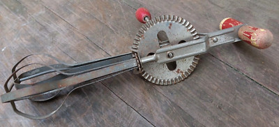 Vintage A & J Eggbeater Hand Crank Kitchen Mixer with Wooden Handle Crank