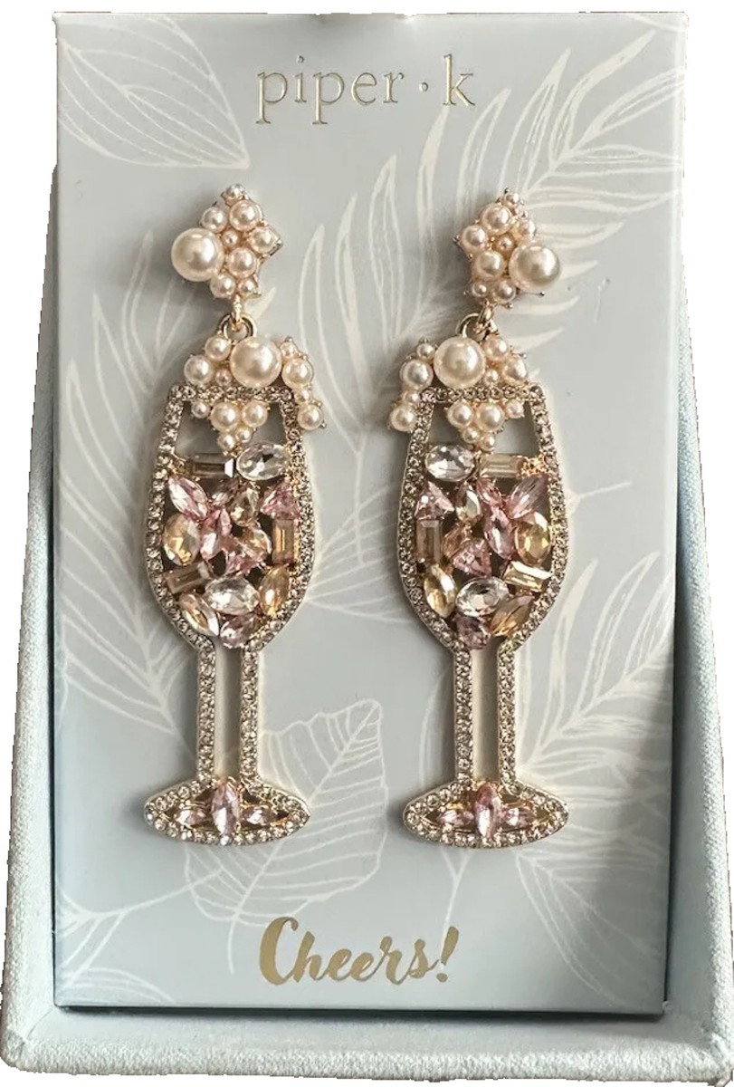 Piper K Celebration Champagne Glass Rhinestone Beaded Pearls Stud Earrings