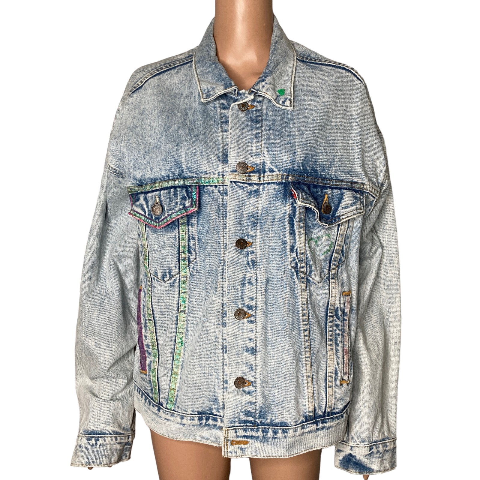 vintage levis trucker jacket womens XL custom design light wash painted thumbnail 9