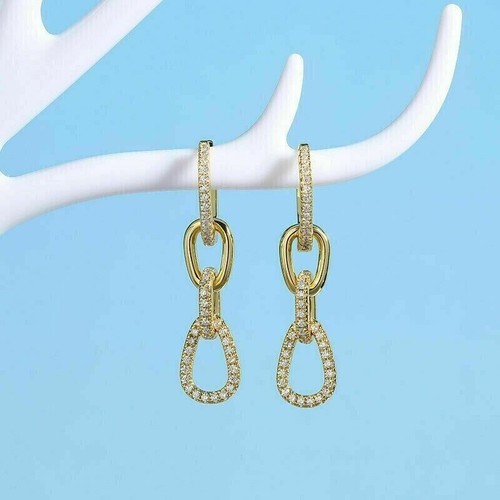 2.30Ct Round Cut Simulated Diamond Drop/Dangle Earrings 14K Yellow Gold Plated