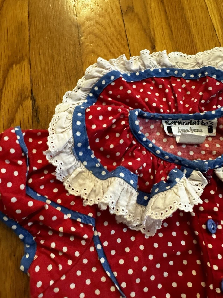 Vintage Bernadette’s Biscotti Girl’s Red Blue Polka dot Lace Romper One Piece 4T - Image 2 of 4