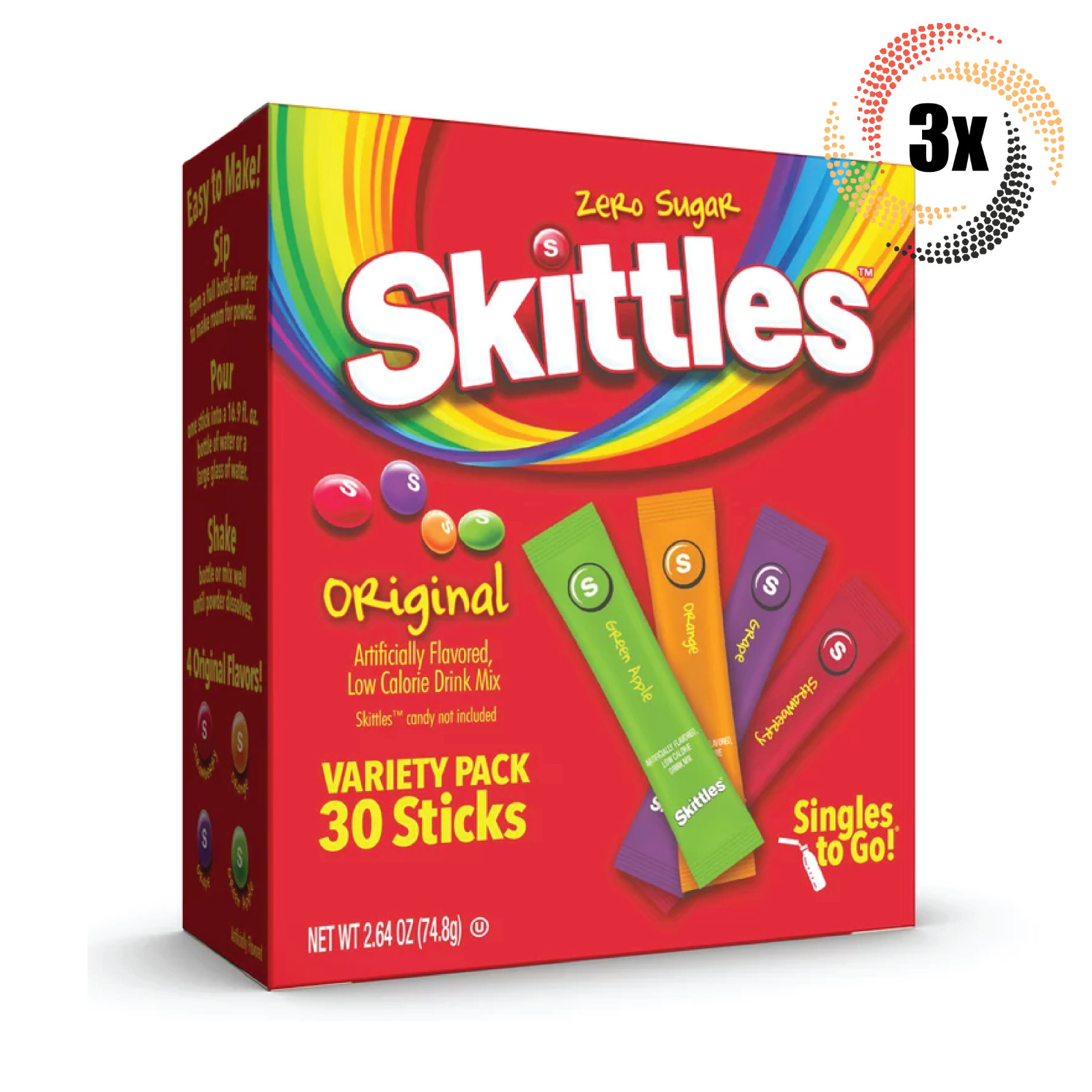 3 упаковки Skittles Variety Original Drink Mix Singles по 30 палочек в каждой 264 унции 5190₽