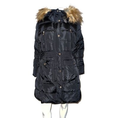 Steve Madden Juniors Faux-Fur-Trim Hooded Black Puffer Coat Small