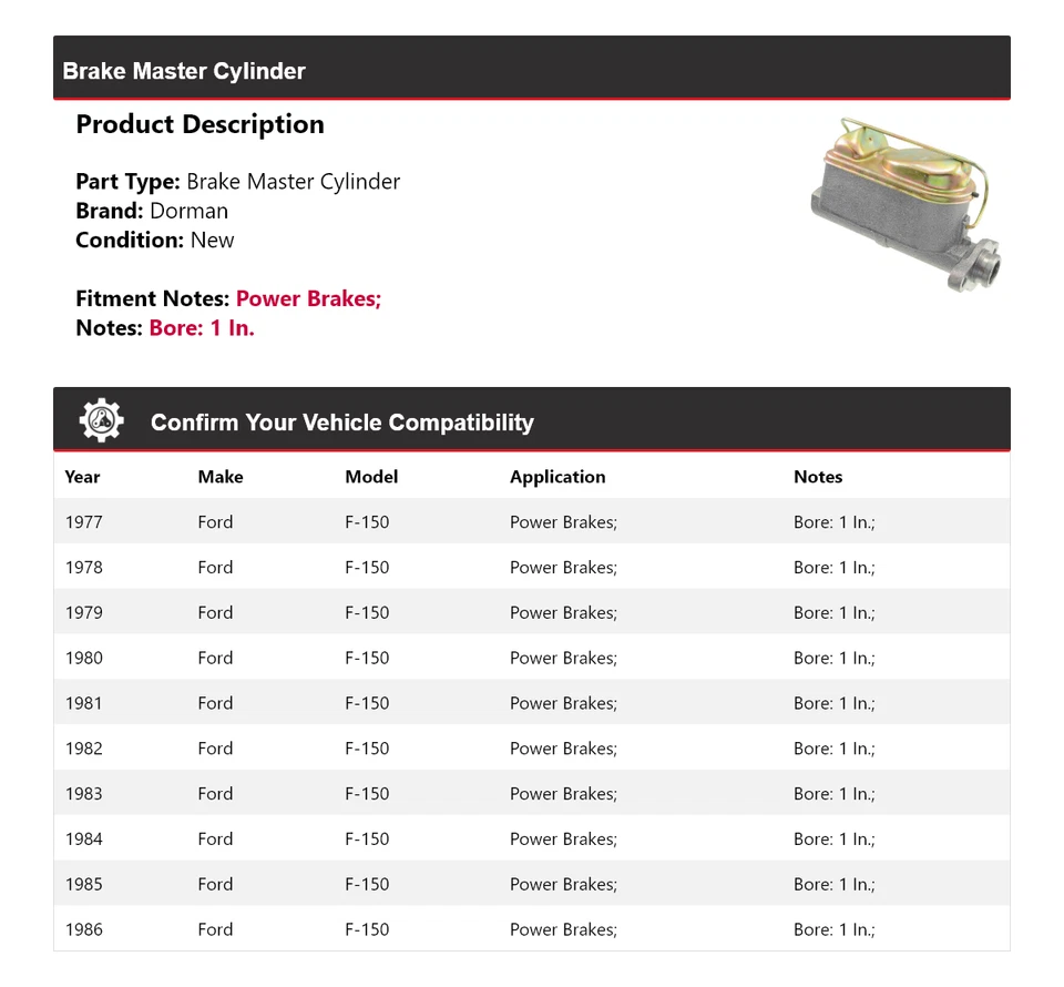 Para 1977-1986 Ford F-150 Dorman cilindro mestre de freio 1978 1979 1980 1981 1982 - Imagem 2 de 4