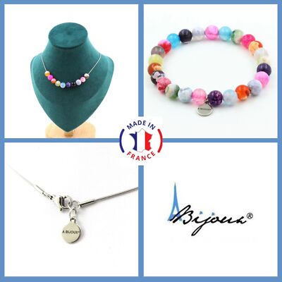 Schmuckset Armband Halskette 10 Perlen Achat gerissen Fuchsia Personenna Größe