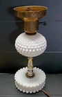 Vintage 10" Hobnail Milk Glass Boudior Bedside Table Lamp Round Stem Working
