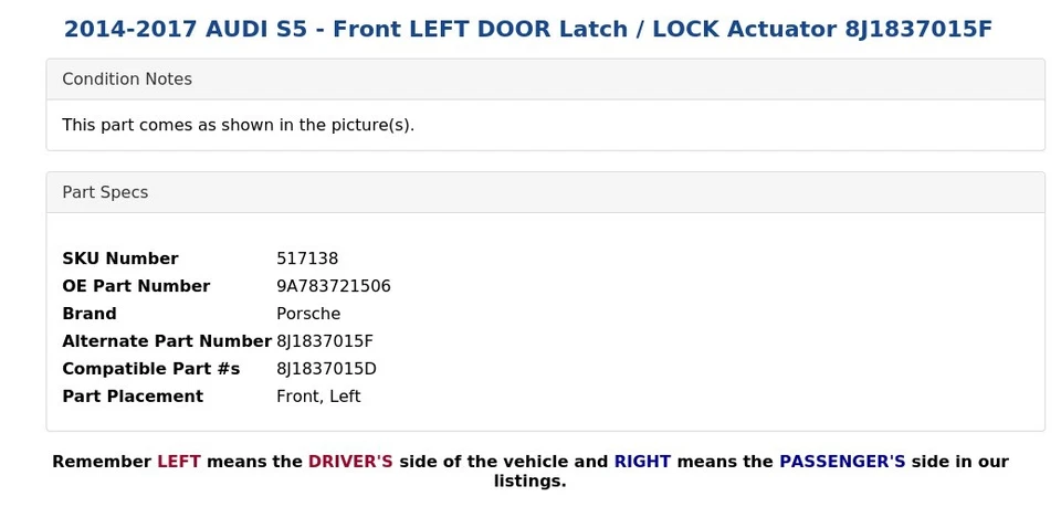 AUDI S5 2014-2017 - Pestillo de puerta delantera izquierda/actuador de bloqueo 8J1837015F Foto 4 de 4
