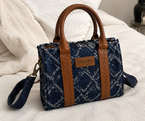 Wrangler Blue Tan Denim Tote Bag Zip Fringe Detachable Strap Small