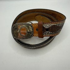 Vintage Western Tooled Leather Belt Agate Stone Trophy Buckle Made in USA Brown