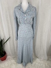 Vintage 70s Cottagecore Nightgown Maxi Dress S Prairie Ditsy Floral Grandma Blue