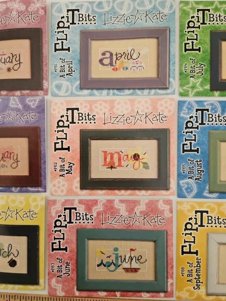 LOT OF 12 Lizzie Kate JAN-DEC MONTH Flip-It Bits Cross Stitch Patterns & Buttons - Image 3 of 4