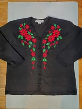 Chrysantheme Sweater Black Red Floral Women Size 1X Beaded Cardigan Shoulder Pad