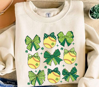 Coquette Bow Softball St Patricks Day Sweatshirt Lucky Game Day Gift