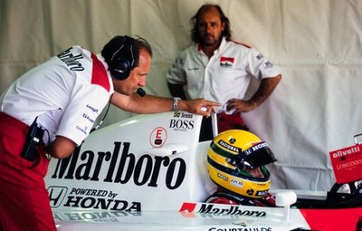 Ayrton Senna McLaren MP4-6 Honda with Ron Dennis watch a timing mo- Old Photo