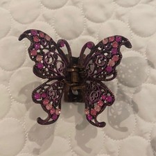 Women Butterfly metal with pink crystal beads hair Clip vintage
