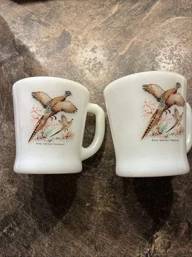 VTG 2 Fire King Ring Neck Pheasant Game Bird Coffee Cup Mug D-Handle Milk Glass