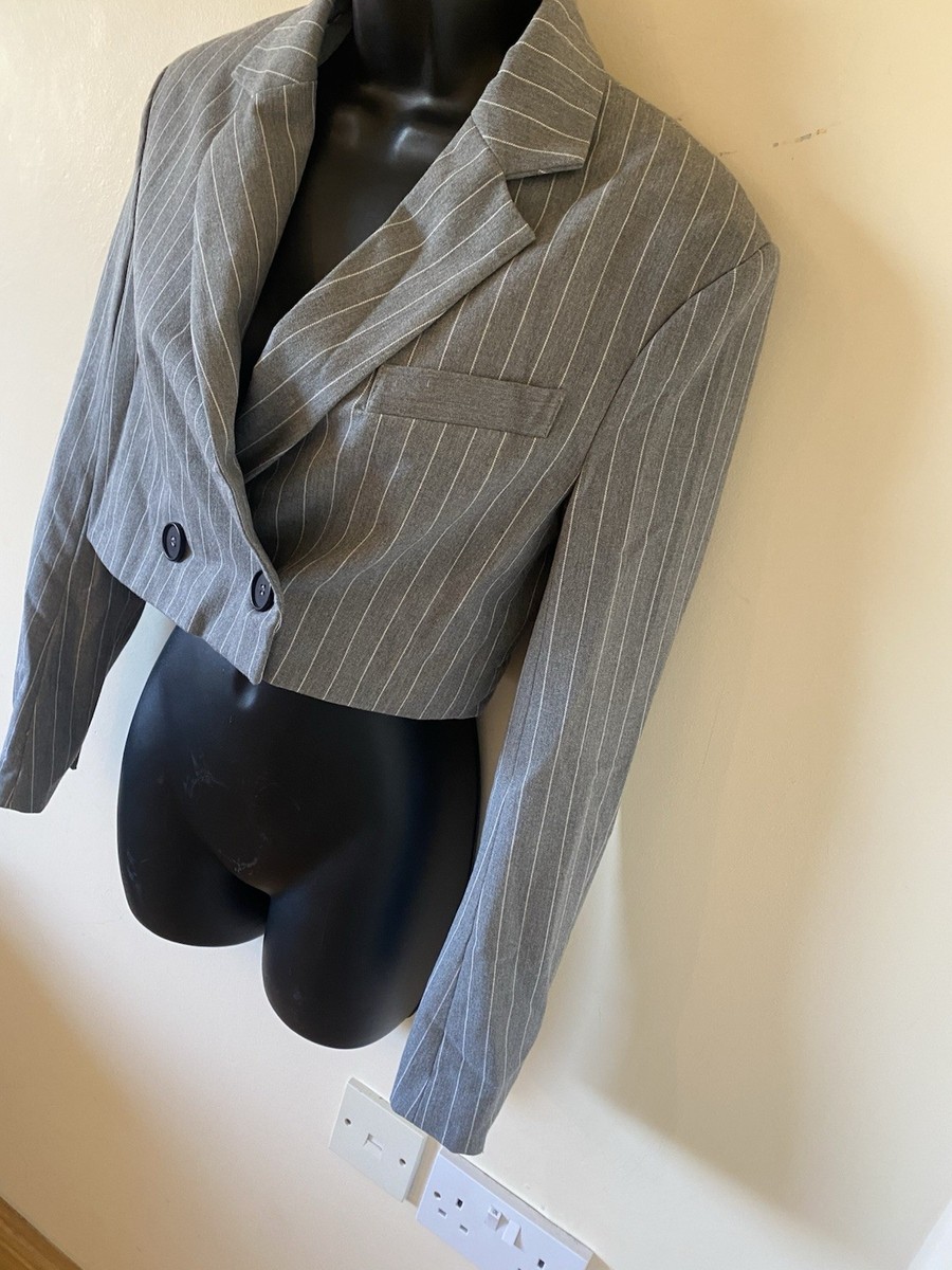 Grey Pinstripe Cropped Blazer Size Xs By Bershka UK