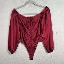 ASTR The Label Off-Shoulder Burgundy Satin Bodysuit Size Small