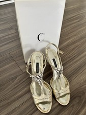 Caparros Gold Synthetic Strappy Stiletto Open Toe Heels Rhinestone Buckle 10B
