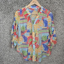 Figueroa & Flower Top Womens PM Petite Medium Multicolored Sheer Button Blouse
