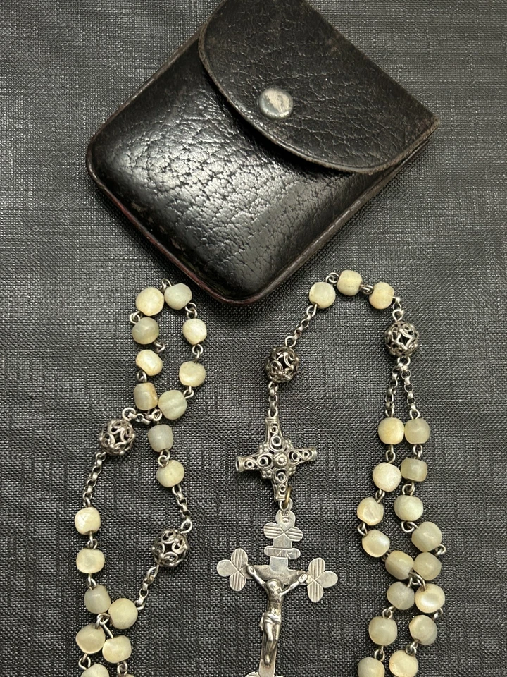 tres ancien chapelet argent massif perles nacre - Photo 2/3