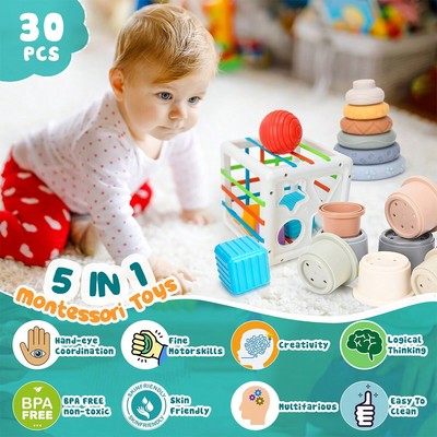 5-in-1 Montessori Baby Toys, Teething, Stacking & Sensory Toys 6M+ one the