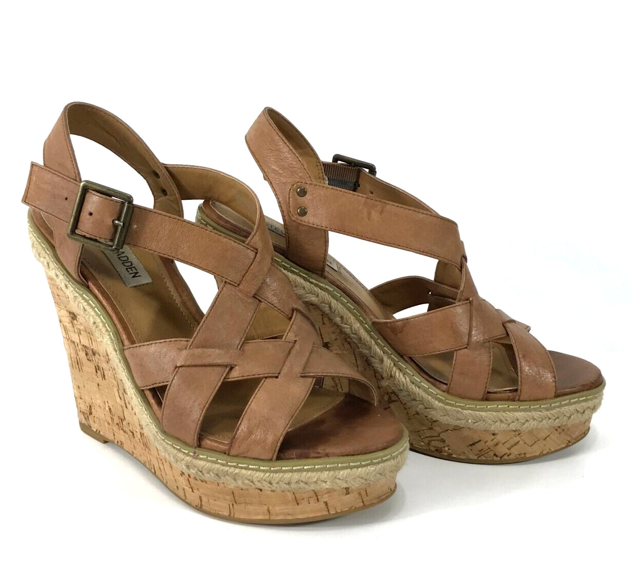 Steve Madden Sandals Women 8 Tan Brown Wedge Strappy leather cork high Platform