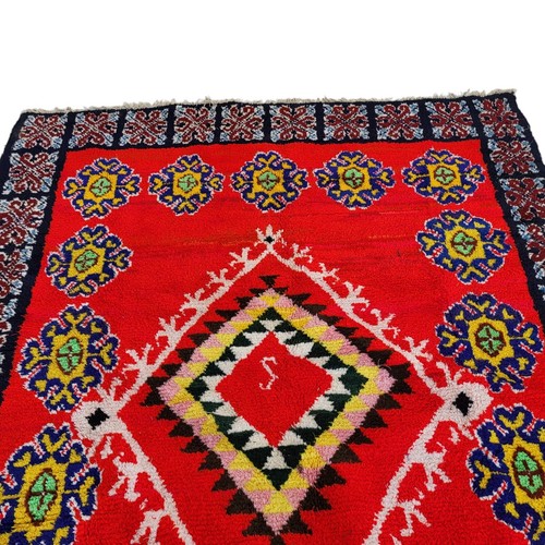 Vintage Handmade Moroccan Plush Rug Red Diamond Floral Fringe Indigo Blue Carpet - Picture 11 of 24